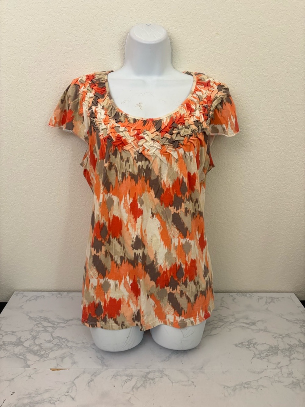 Style & Co Top Boho Peasant Short Sleeve Women’s PM Petite Pullover Ruffle